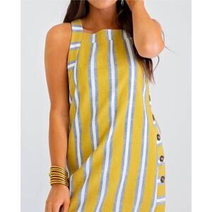 Karlie Womens Dress Sundress‎ Yellow Blue Striped Straps Coastal Boho Beach Sz M